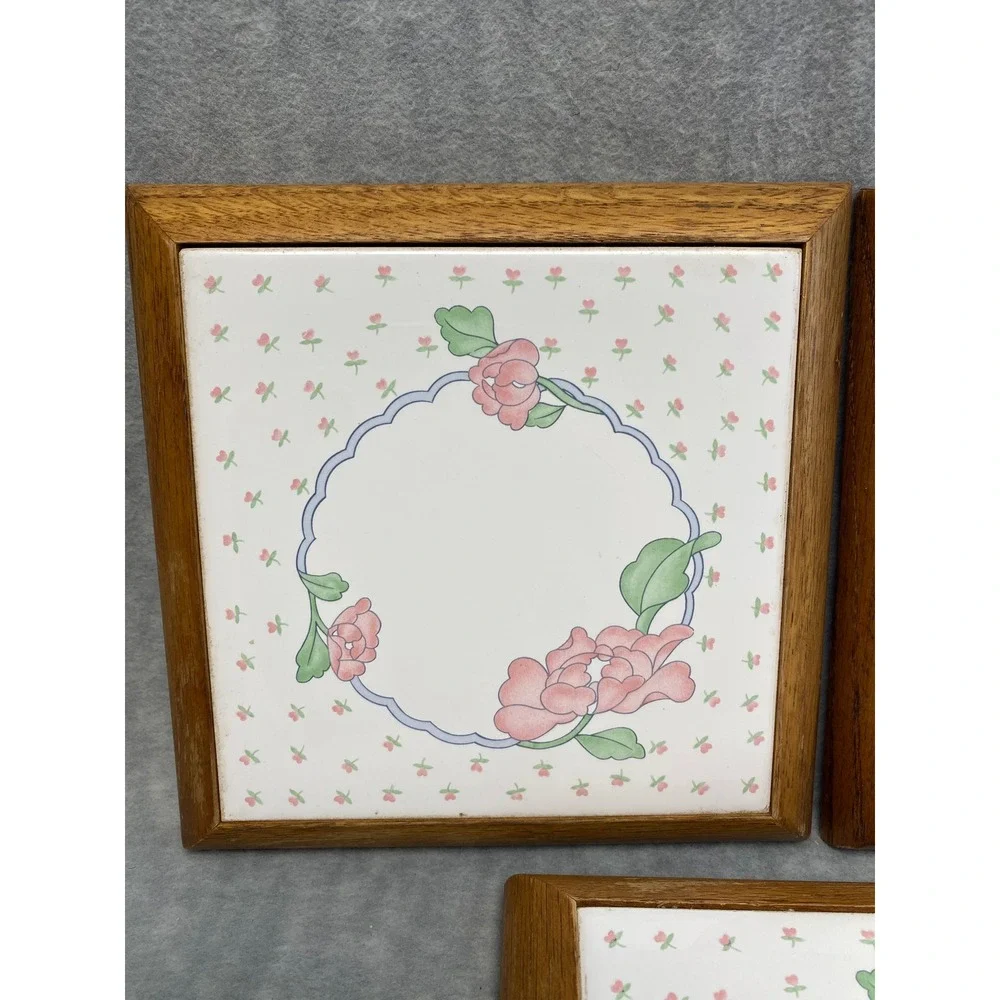 Set of 3 Vintage Floral Ceramic Tile Wood Trivets Hot Pad Retro Decor Grannycore